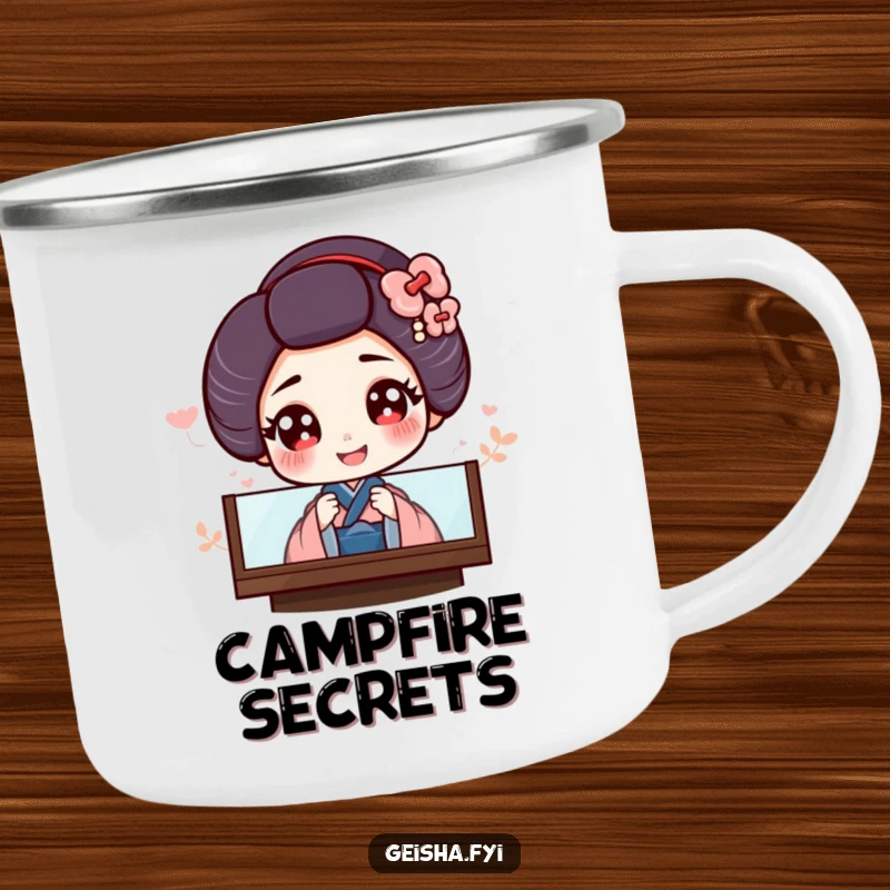 Funny camping mug showing a giggling geisha with big eyes peeking from behind a screen, ideal for elegant outdoor trips.