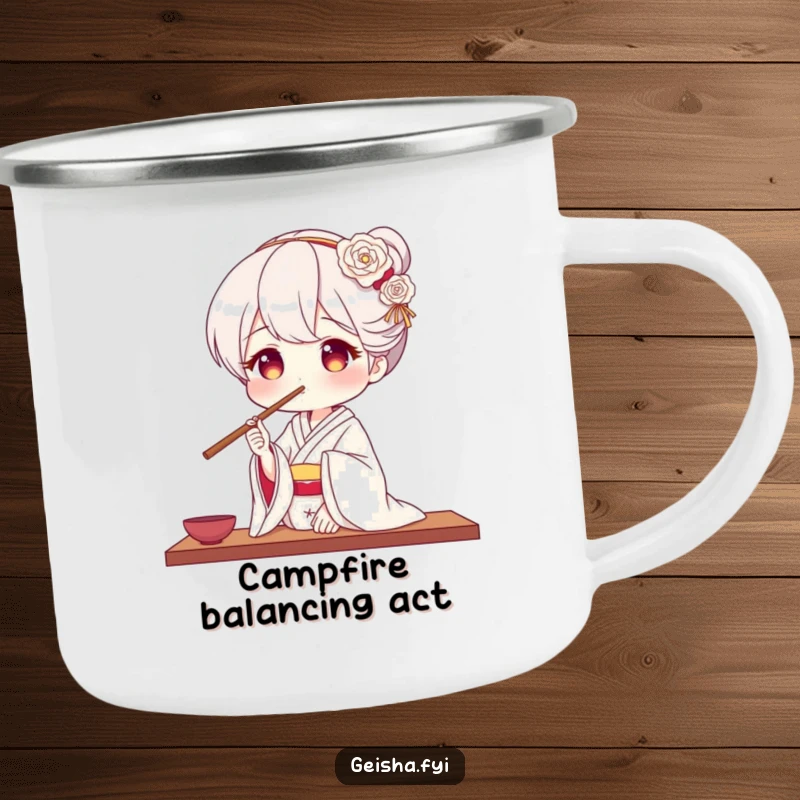 Funny geisha camping mug showing a geisha balancing chopsticks on her nose, robust for outdoor escapades and humorous enjoyment.