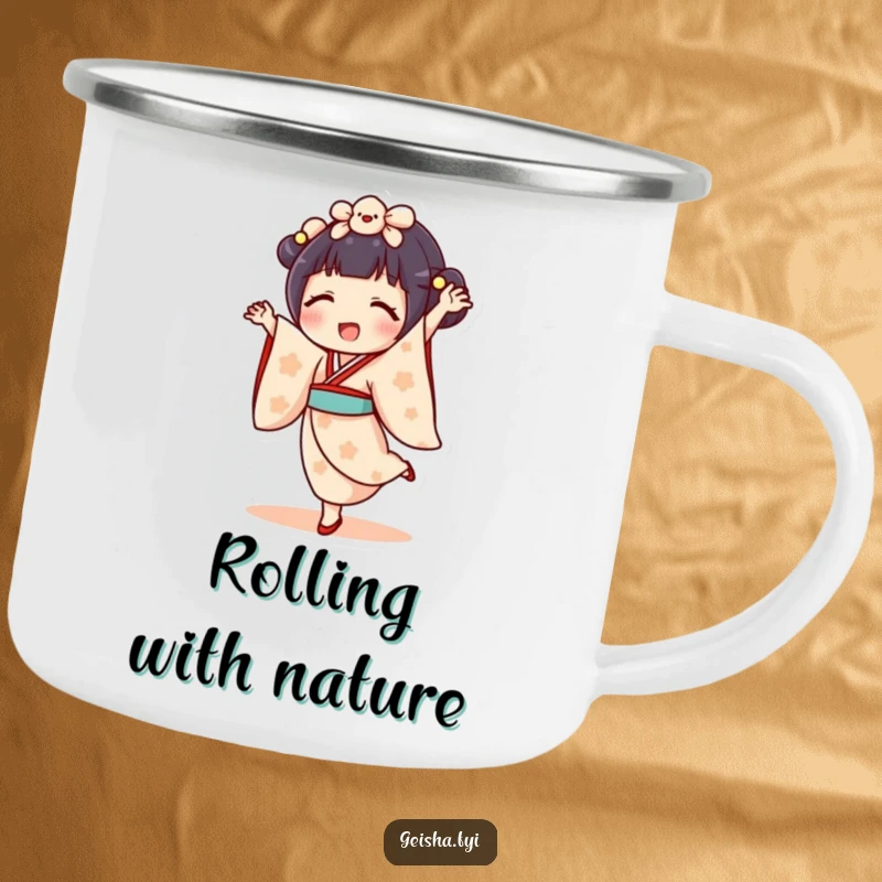 Funny geisha doll camping mug showing character doing a cartwheel with legs in the air. Energetic, durable drinkware.