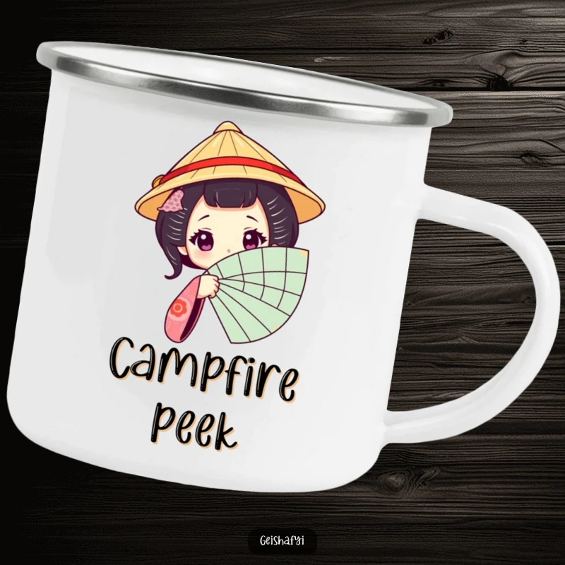 Funny Geisha Fan Camping Mug: A camping mug with a geisha character in a traditional hat peeking from behind a fan.