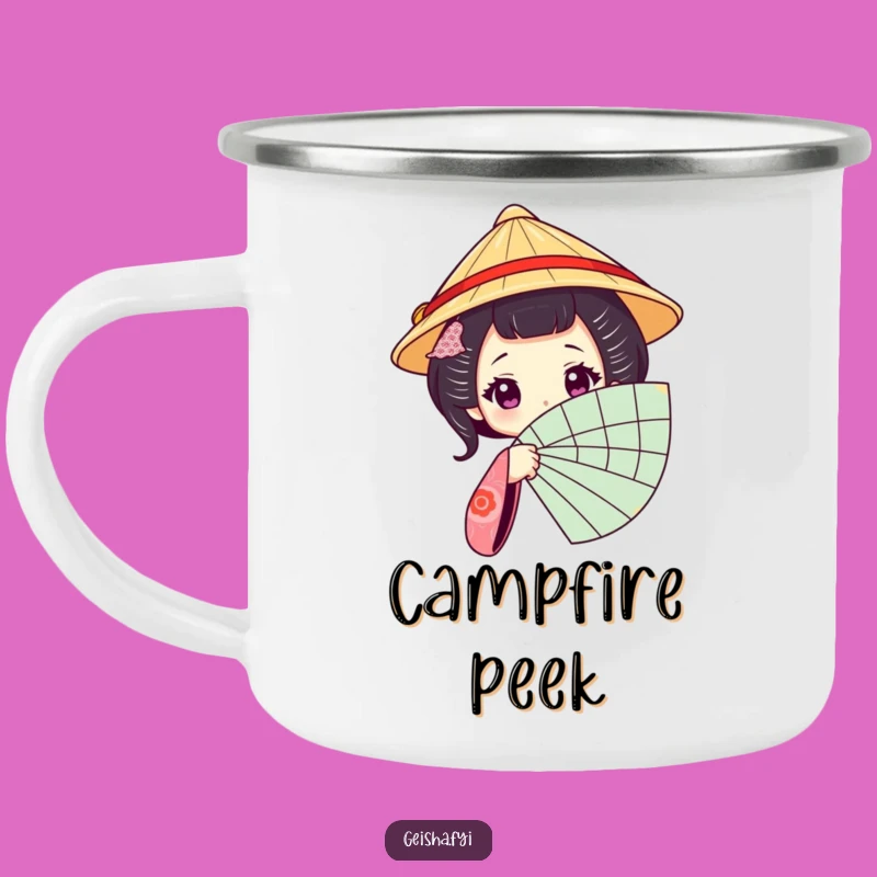 Funny Geisha Fan Camping Mug: Enjoy Outdoors with a Mysterious Traditional Hat Character