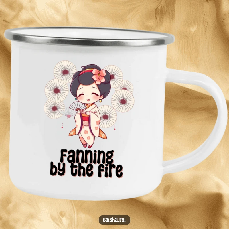 Funny geisha camping mug showing a joyful geisha fanning herself with many fans, robust for outdoor fun and humor.