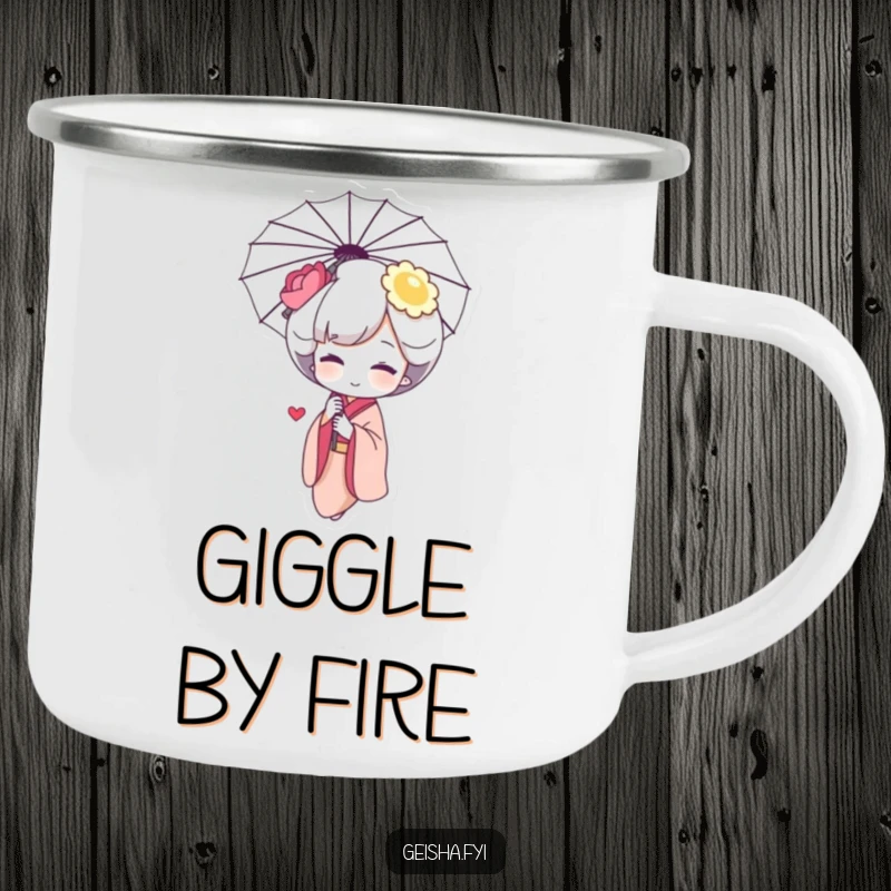 Funny Geisha Giggle Camping Mug: a shy character giggling behind an umbrella, perfect for outdoor fun.