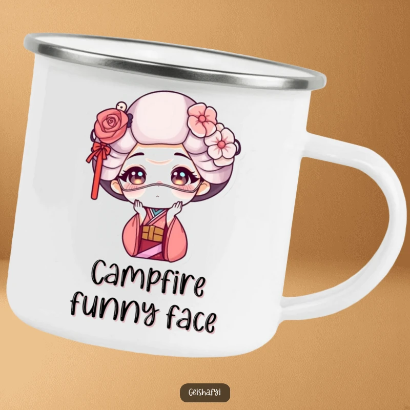 Funny geisha camping mug showing a geisha making a funny face with a delicate mask, robust for outdoor fun and humor.