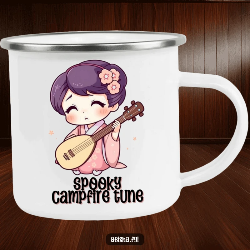 Funny Geisha Camping Mug: Surprised character plays a tiny shamisen, perfect for humorous outdoor breaks.