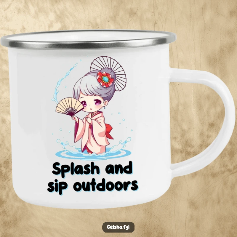 Funny Geisha Splashing Camping Mug, a character playfully tossing water with a fan, perfect for outdoor drinks with a splash of fun.