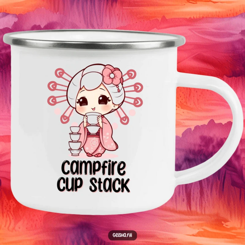 Funny geisha character humorously balancing tiny teacups on this durable camping mug, ready for the outdoors.