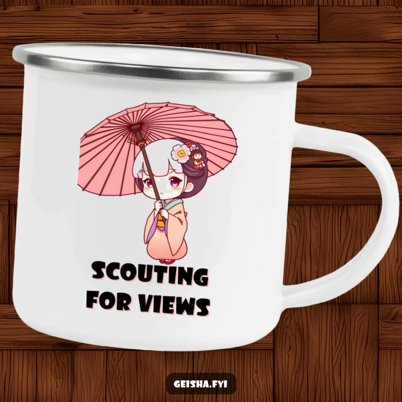 Funny Geisha peeking from behind a large umbrella, durable and humorous camping mug.
