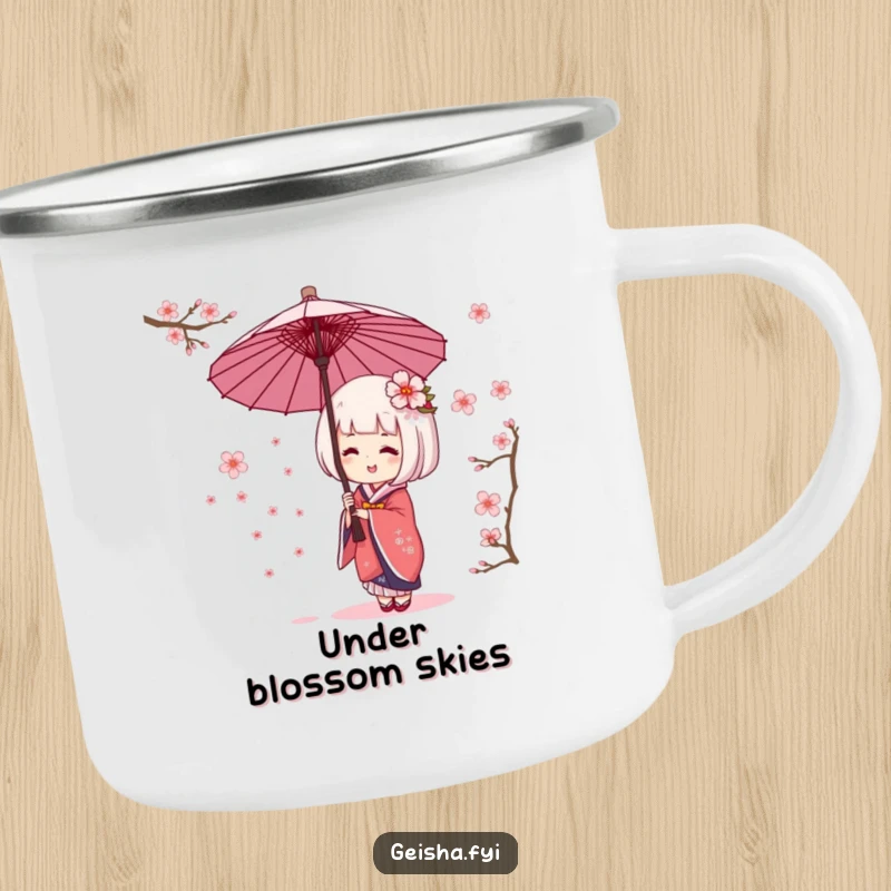 Funny geisha umbrella camping mug showing character giggling while catching cherry blossoms. Cheerful, durable drinkware.