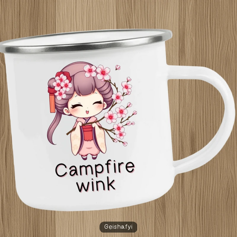 Funny geisha camping mug showing a charming geisha winking while holding a cherry blossom sprig, robust for outdoor fun and humor.