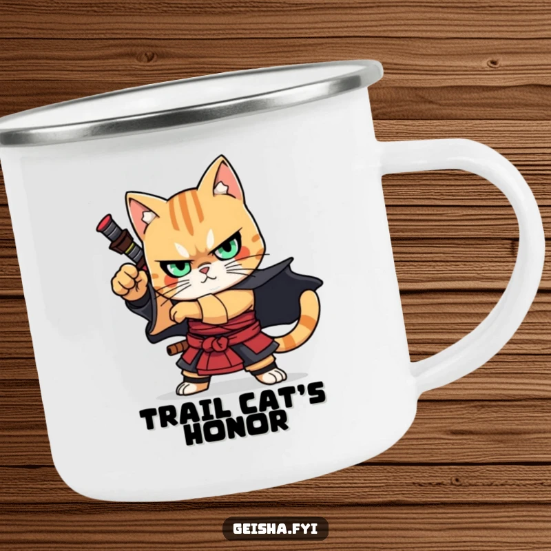 Funny Camping Mug: A sturdy mug showing a stoic cat samurai in a dramatic pose, perfect for enjoying drinks outdoors with warrior flair.