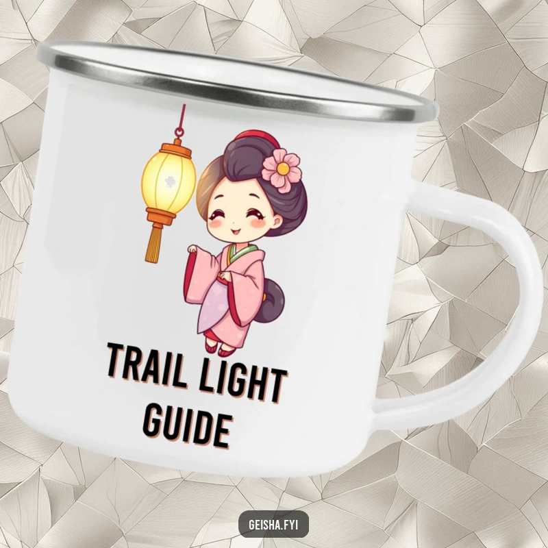 Funny geisha camping mug featuring a smiling character holding a brightly glowing lantern, ideal for outdoor activities and warm ambiance.