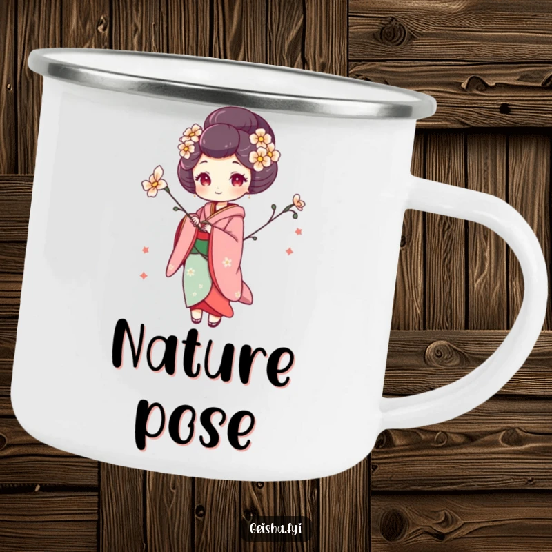 Funny geisha camping mug featuring a woman in a whimsical pose with a flower, combining outdoor utility with artistic charm.