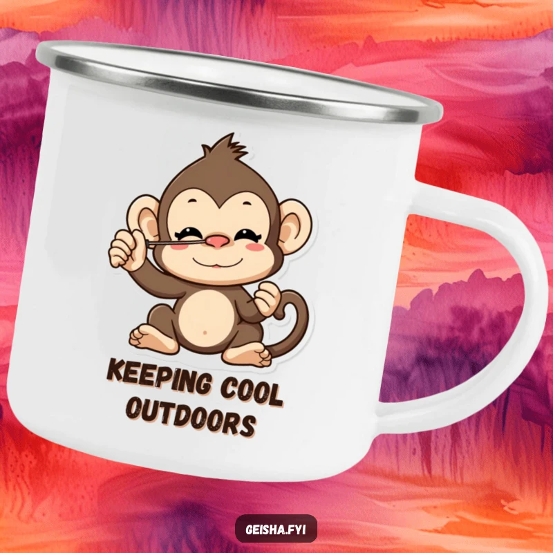 Funny cheeky monkey character camping mug balancing a fan on its nose, durable and playful for outdoor excursions.