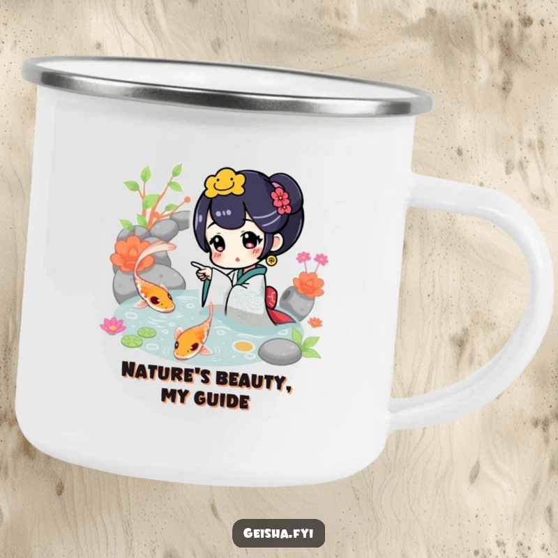 Funny Camping Mug: A geisha excitedly points at a vibrant koi fish in a pond, perfect for enjoying drinks outdoors.