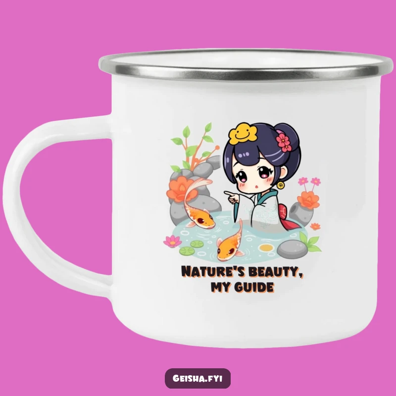 Funny Geisha Points at Koi Camping Mug: Serene Adventure Fuel for Your Outdoors Gift