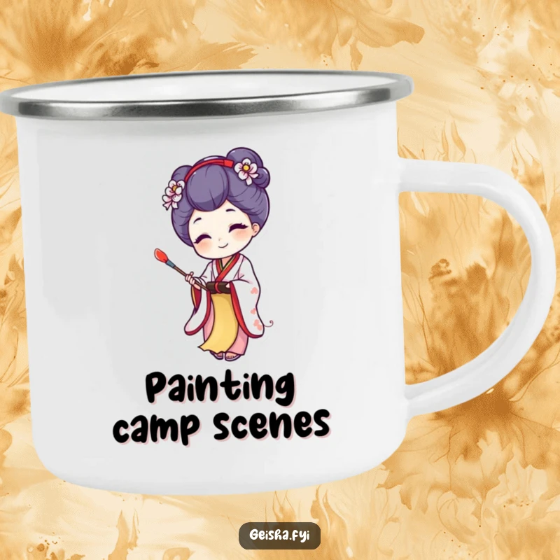 Funny camping mug with a joyful geisha creating art on a tiny scroll, perfect for outdoor creativity and as a humorous gift.