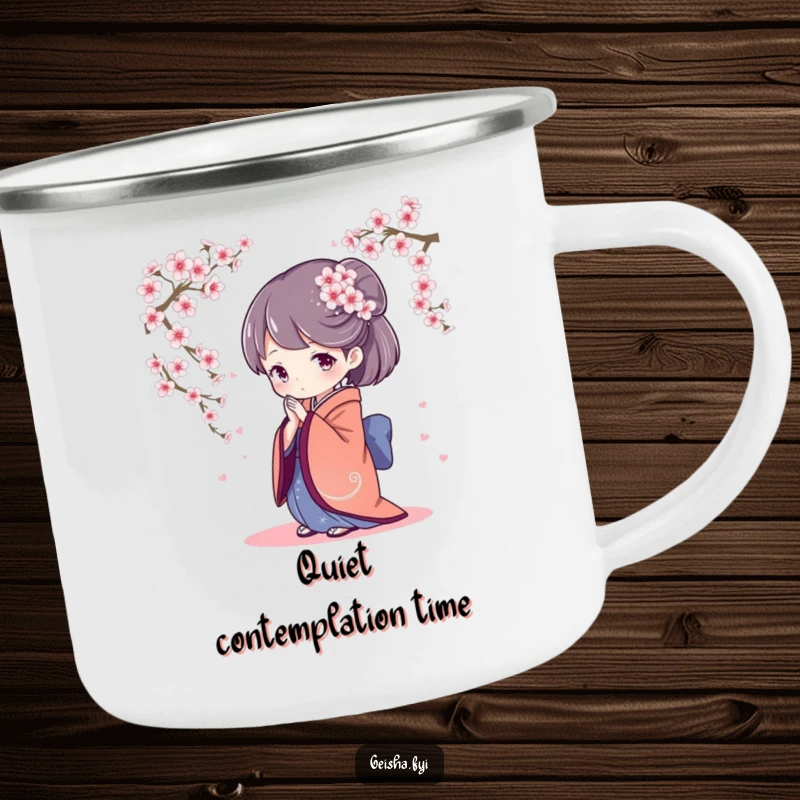 Serene camping mug showing a geisha character bowing gracefully, with delicate cherry blossoms falling, perfect for enjoying peace outdoors.