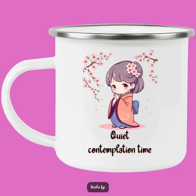 Serene Geisha Bowing Camping Mug: Outdoor Grace, Cherry Blossom Gift