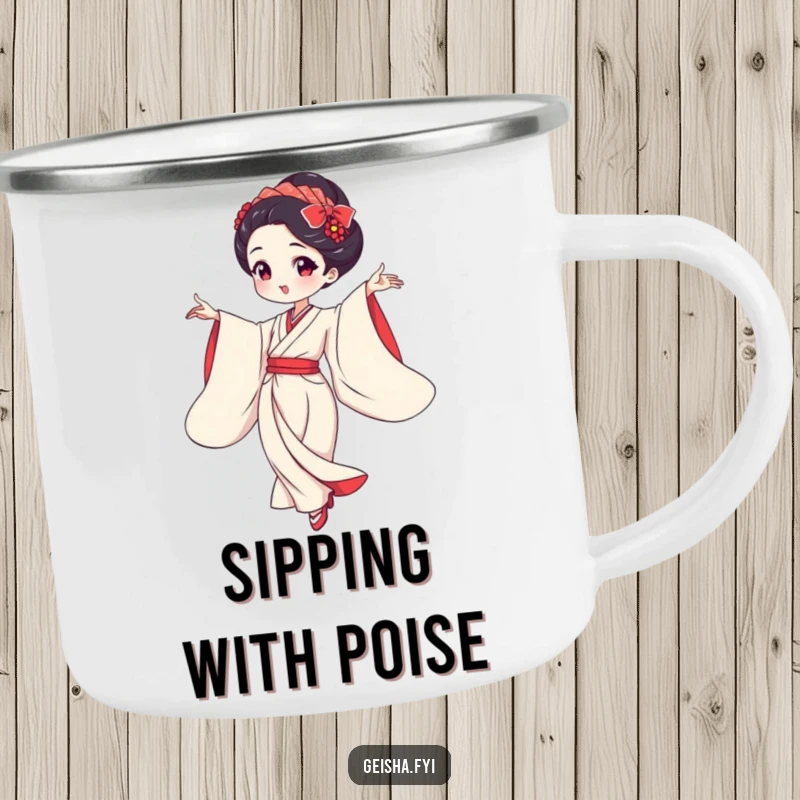 Funny geisha dancing with flowing sleeves camping mug, outdoor gear, elegant and comical design, great funny gift.