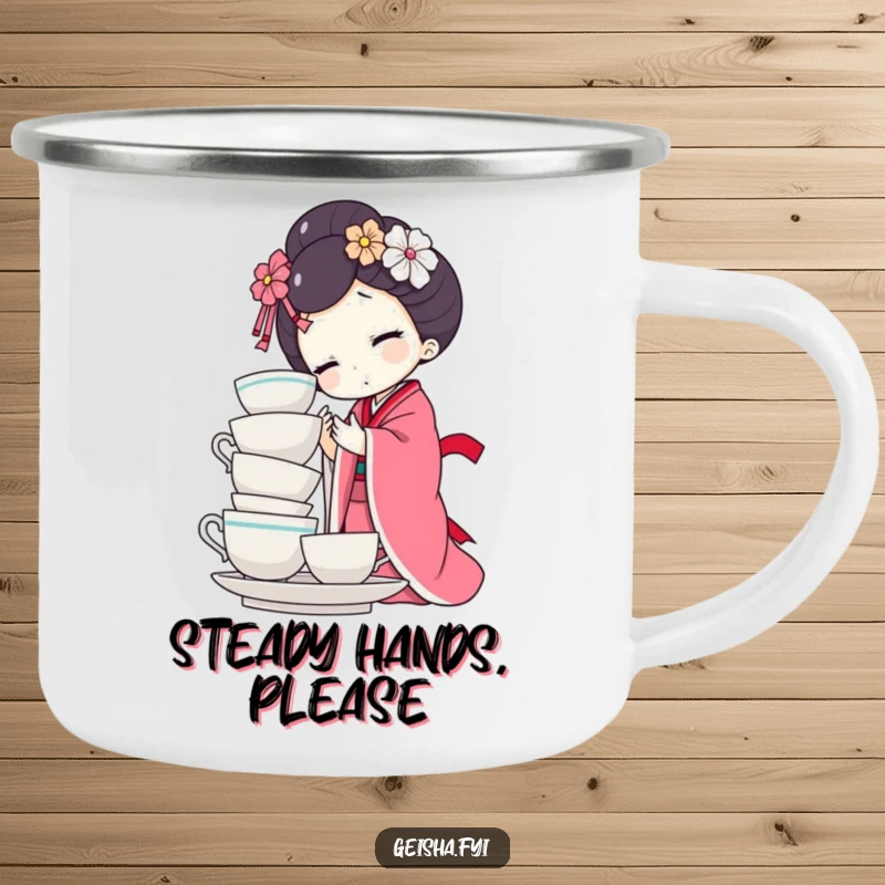 Funny geisha doll camping mug showing character attempting to balance teacups. Sturdy, humorous drinkware for adventurers.
