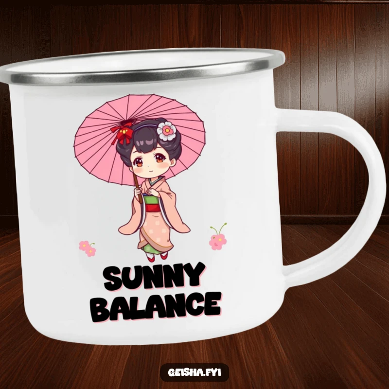 Funny camping mug featuring an elegant geisha character playfully balancing a parasol, perfect for outdoor elegance.