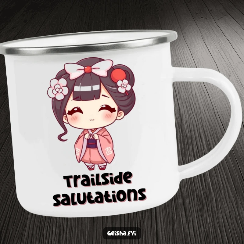Funny Geisha Camping Mug: Happy character offers a smiling bow, perfect for enjoying outdoor drinks with humor and grace.