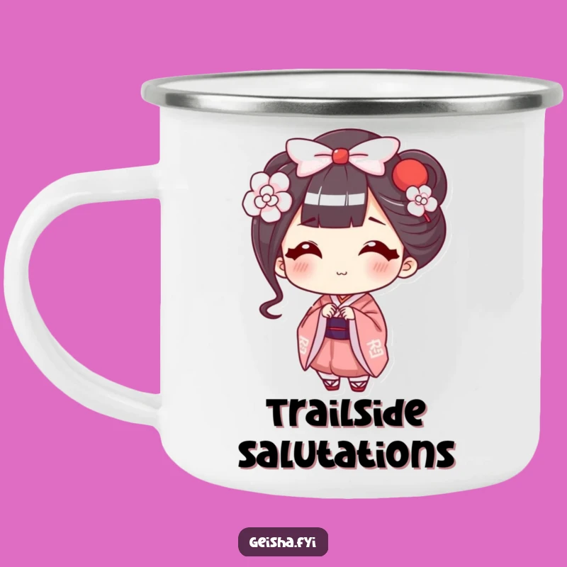 Funny Geisha Bow Camping Mug: Happy Character's Smile for Outdoor, Hilarious Sips