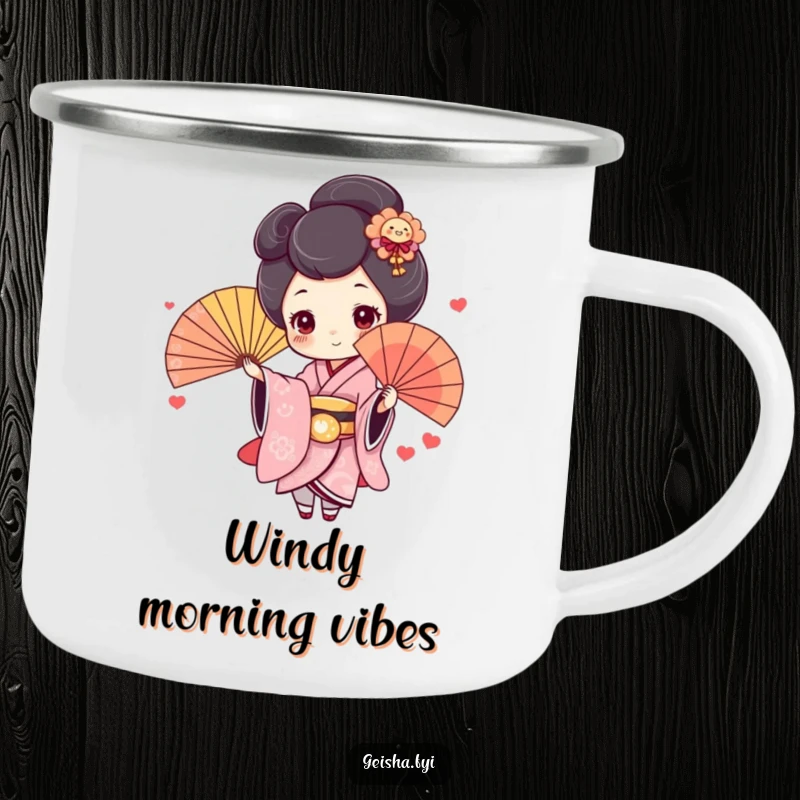 Funny Geisha Camping Mug: Cute character with rosy cheeks joyfully throws a colorful fan, perfect for humorous outdoor adventures.