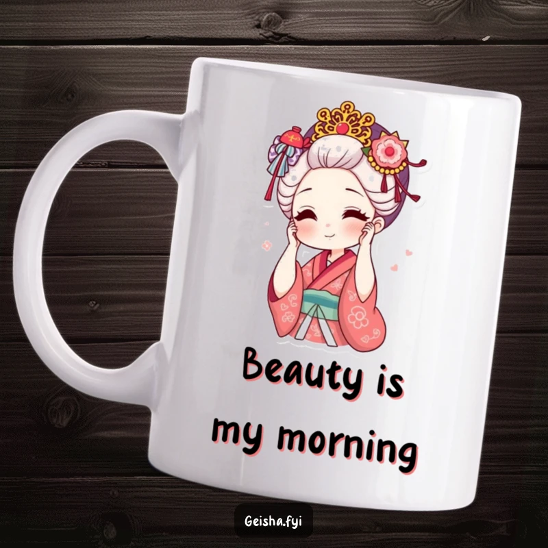 Funny geisha adjusting ornate hair accessory with a smile on a mug, elegant and amusing, great funny gift.