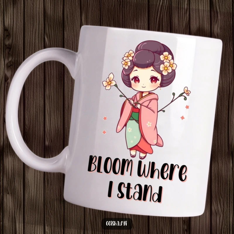Funny geisha mug featuring a woman in a whimsical pose holding a flower, exuding artistic grace and playful charm.
