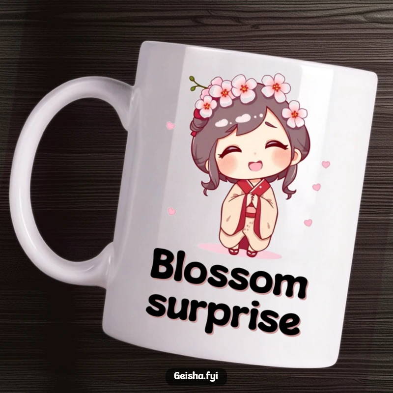 Funny mug featuring a geisha character giggling as a delicate cherry blossom gently falls on her head.