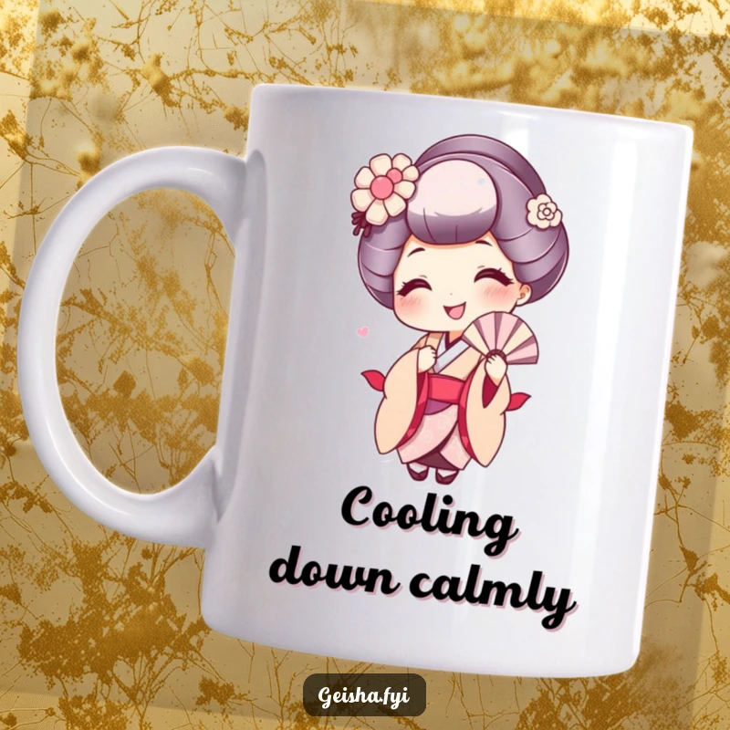 Funny mug featuring a cute geisha character with a wide, happy smile, playfully fanning herself with a delicate fan.
