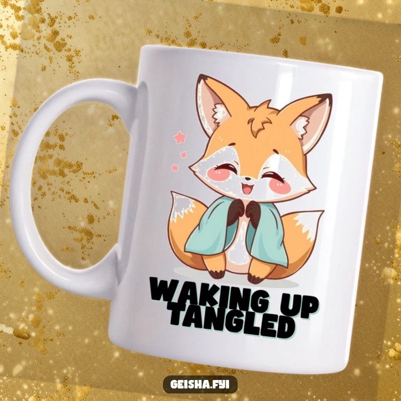 Funny delighted fox character mug, playfully fumbling with flowing silk sleeves with an expression of pure joy, perfect for tea lovers.