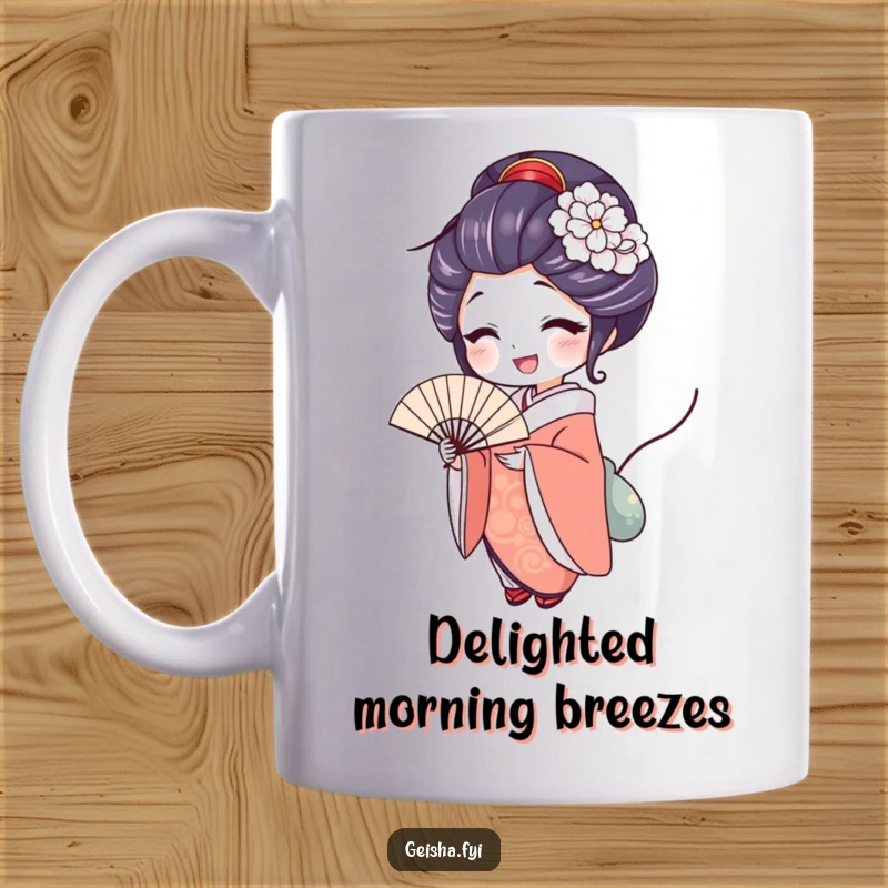 Funny geisha mug with a delighted woman holding an elegant fan, symbolizing joy, grace, and playful sophistication.