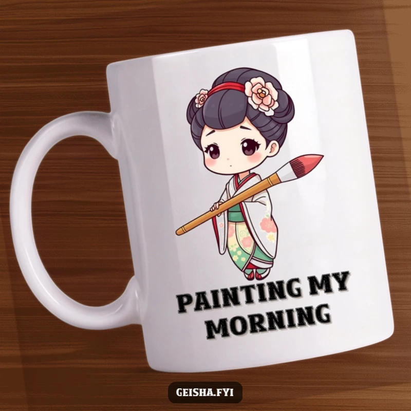 Funny geisha character holding an oversized paintbrush, captured mid-stroke with a determined expression on this mug.