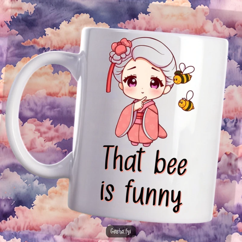 Funny Geisha Mug showing a character amusedly pointing at a small, buzzing bee, capturing a moment of playful observation.
