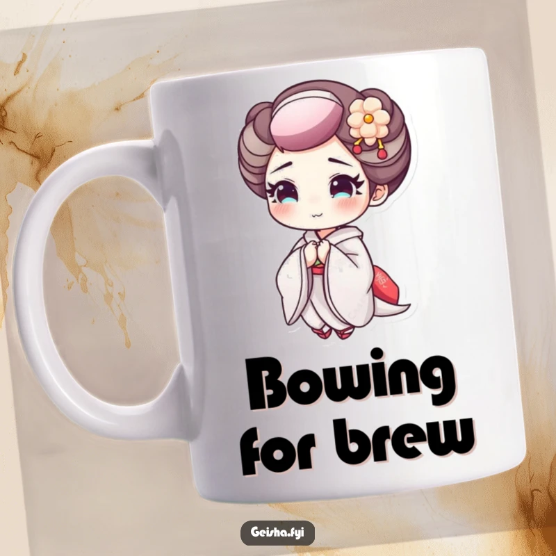Funny Geisha Bowing Mug: A geisha character with delicate makeup bowing with a cheerful expression and grace.