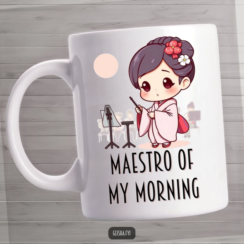 Funny Geisha pretending to conduct an invisible orchestra with intense focus, humorous mug design.
