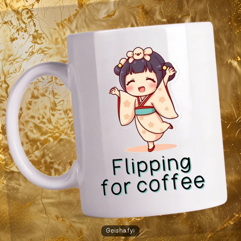 Funny geisha doll mug character happily attempting a cartwheel, legs in the air. Delighted, energetic, and comical design.