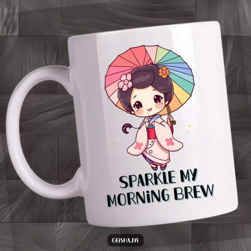 Funny Geisha Mug: Elegant geisha character joyfully spins a rainbow parasol, leaving a trail of glittering magic.