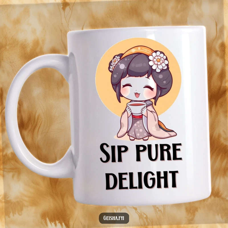 Funny Geisha Mug: A delighted geisha character holds a tiny teacup, savoring its contents with joy.