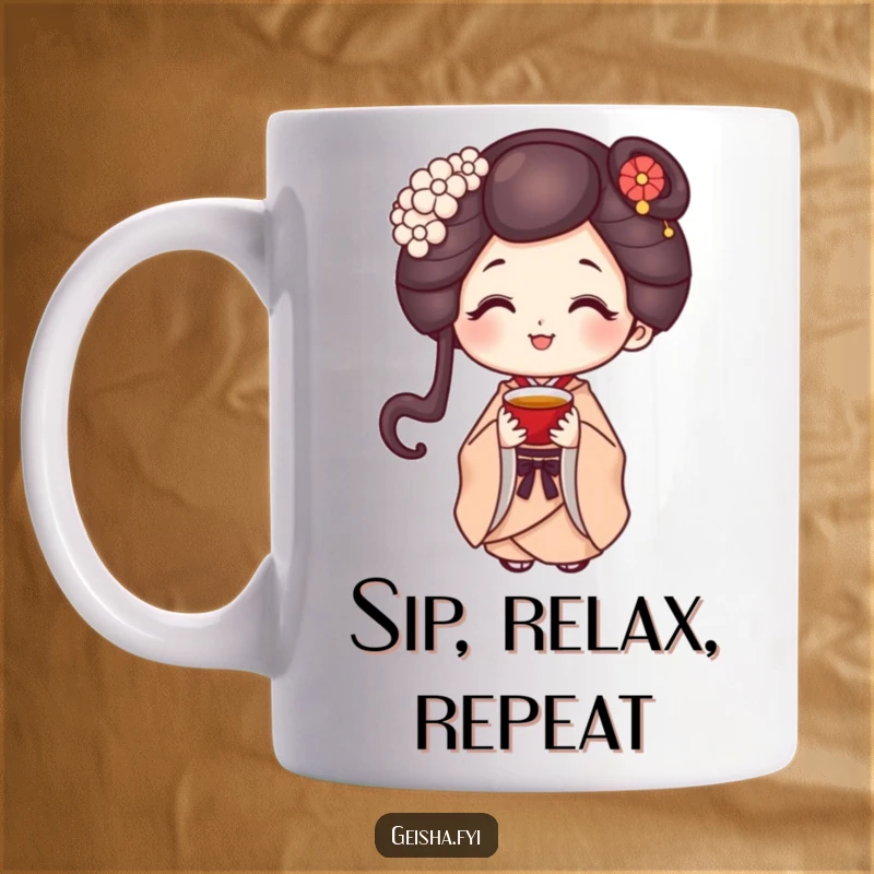 Funny geisha character with a sweet smile offering a tiny cup of tea, perfect for a peaceful and humorous tea break.