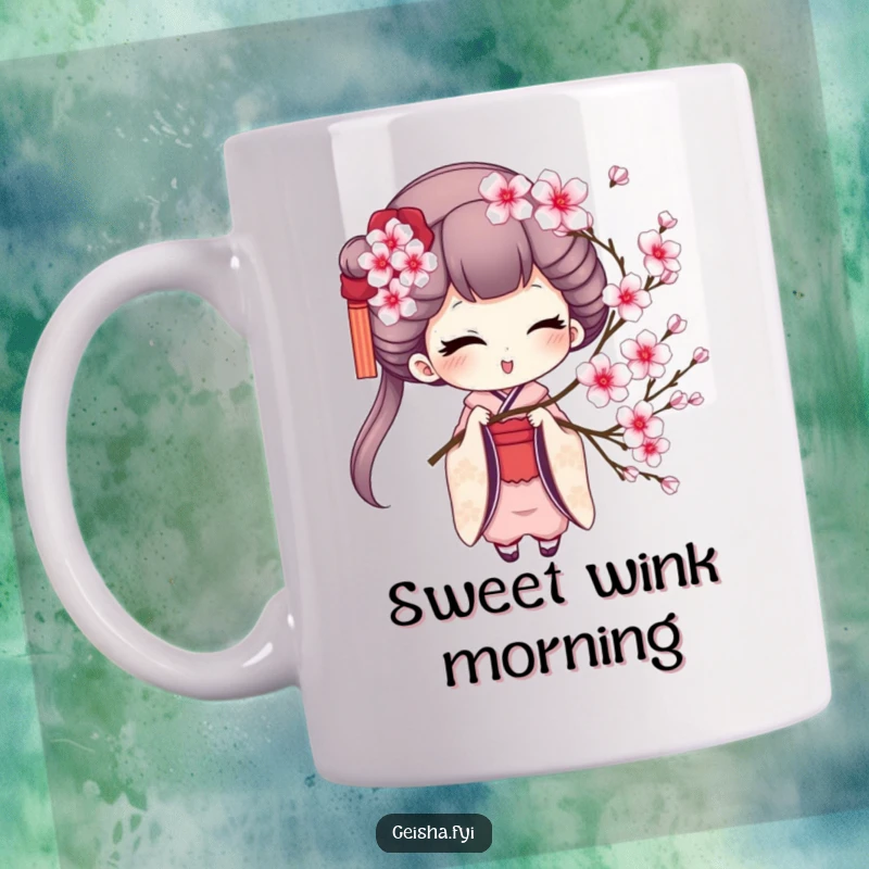 Funny geisha character mug showing a charming geisha winking flirtatiously while holding a delicate sprig of cherry blossoms.