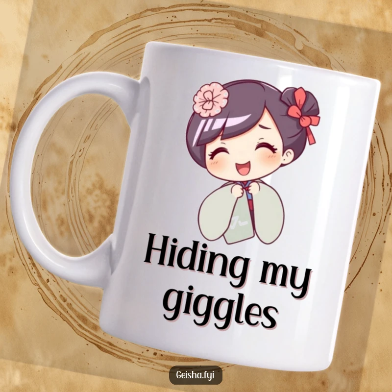 Funny mug showing a giggling geisha character peeking playfully from behind a decorative paper fan.