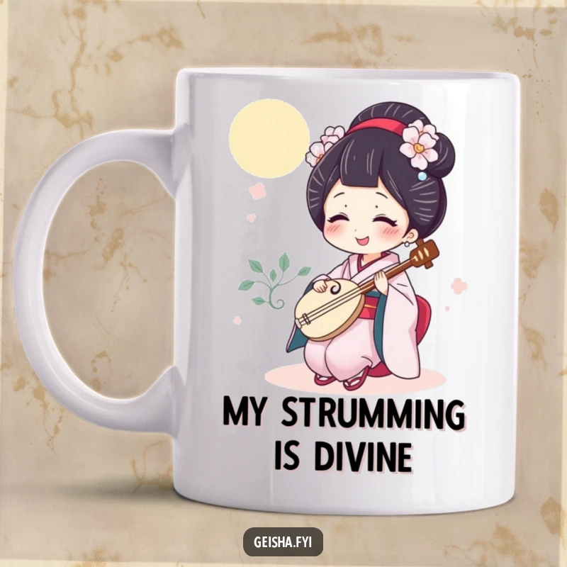 Funny geisha mug with a giggling character joyfully playing a miniature shamisen, showcasing musical humor and delight.