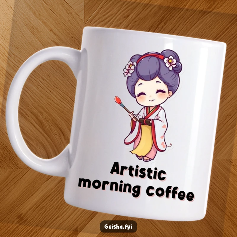 Funny mug with a joyful geisha character creating art on a tiny scroll, celebrating creativity and humor, a perfect gift.