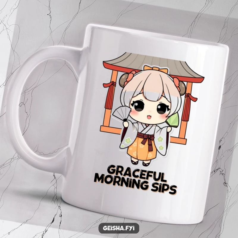 Funny kawaii character in traditional Japanese clothes playfully tossing a fan with a joyful expression on a mug.