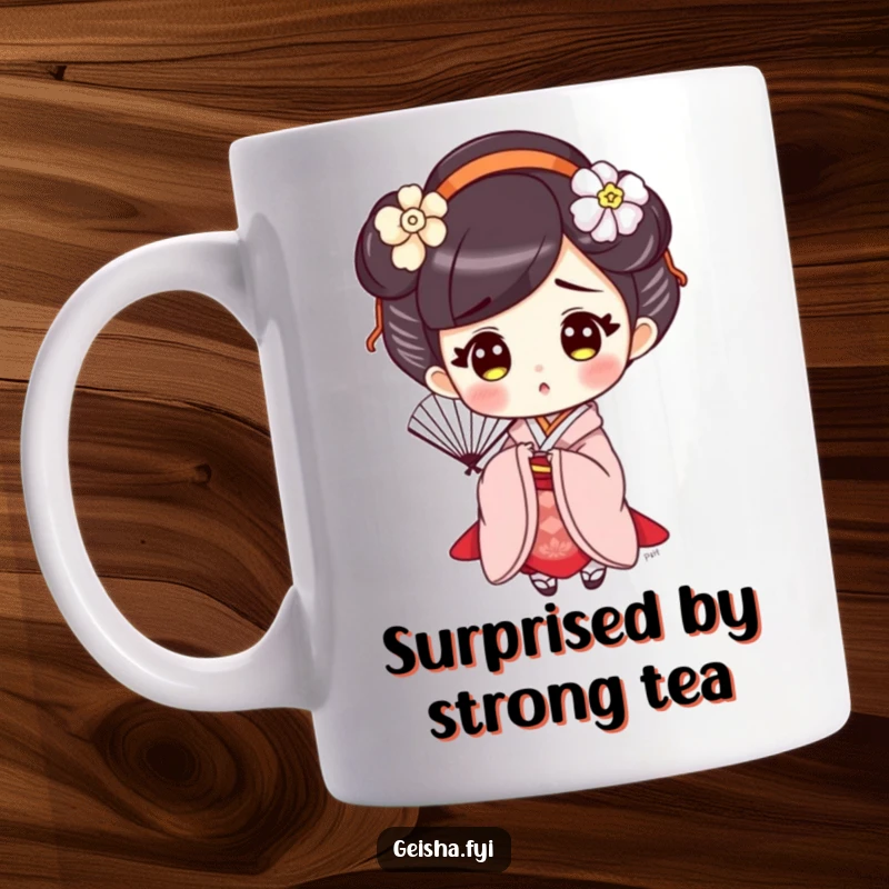 Funny Surprised Geisha Mug, a cute character with wide eyes and a fanned expression, holding a beautiful open fan.