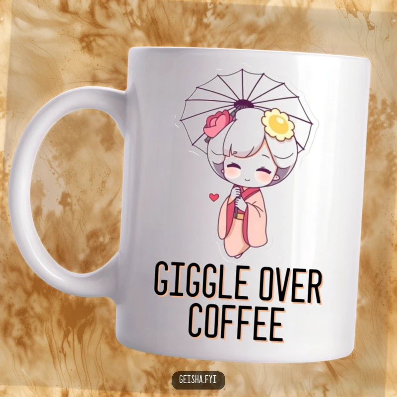 Funny Geisha Giggle Mug: a shy character with a rosy blush, giggling sweetly while playfully hiding behind an umbrella.